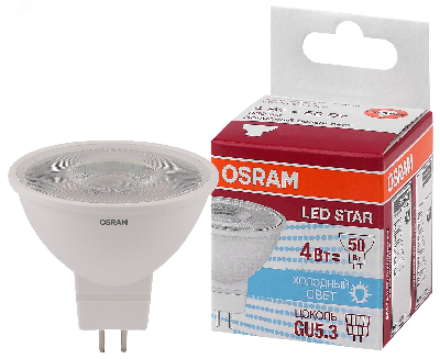 Лампа светодиодная LED 4Вт GU5.3,110°,STAR MR16 (замена 50Вт),холодный белый свет Osram