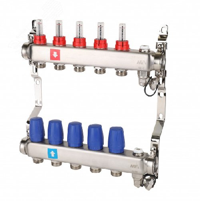 Коллекторная группа с расходомерами 1' х 5 выходов 3/4' НР евроконус с дренажным краном и воздухоотводчиком