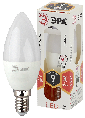 Лампа светодиодная LED B35-9W-827-E14 (диод, свеча, 9Вт, тепл, E14 (10/100/3500) ЭРА