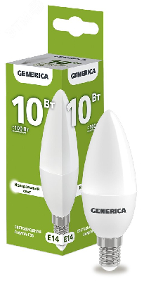 Лампа светодиодная C35 свеча 10Вт 230В 4000К E14 GENERICA