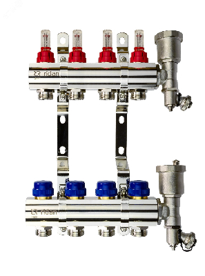 Коллекторная группа FHF-4RF set 4 контура 1' х 3/4' с расходомерами, воздухоотводчиками и кронштейнами