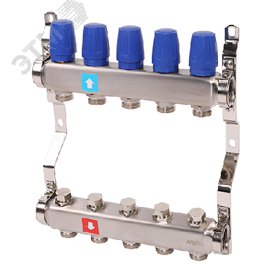 Коллекторная группа с ручными регулировочными клапанами 1' х 5 выходов 3/4' НР евроконус