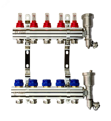 Коллекторная группа FHF-5RF set 5 контуров 1' х 3/4' с расходомерами, воздухоотводчиками и кронштейнами