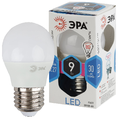 LED P45-9W-840-E27 ЭРА (диод, шар, 9Вт, нейтр, E27) (10/100/3600)