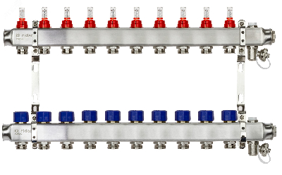 Коллекторная группа SSM-10RF set 10 контуров 1' x 3/4' с расходомерами и кронштейнами