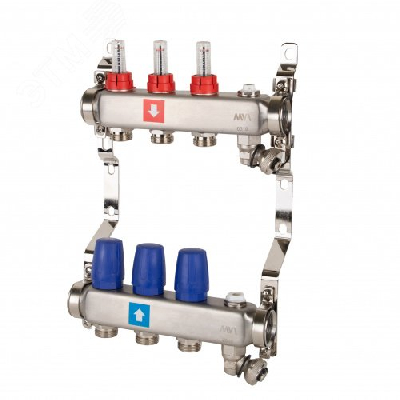 Коллекторная группа с расходомерами 1' х 3 выхода 3/4' НР евроконус с дренажным краном и воздухоотводчиком